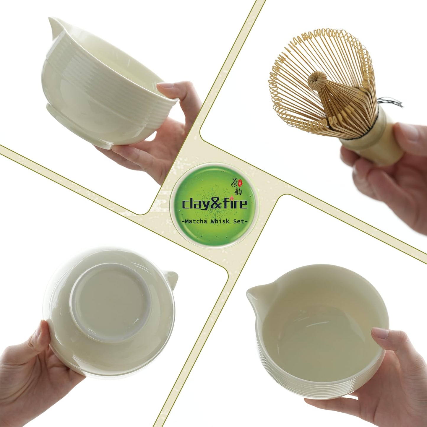 Matcha Whisk Set, Ceramic Matcha Set, Matcha Bowl with Spout and Whisk,9 pcs Matcha Tea Kit for Matcha Lovers, Ideal Gift Christmas, Birthday（Beige）