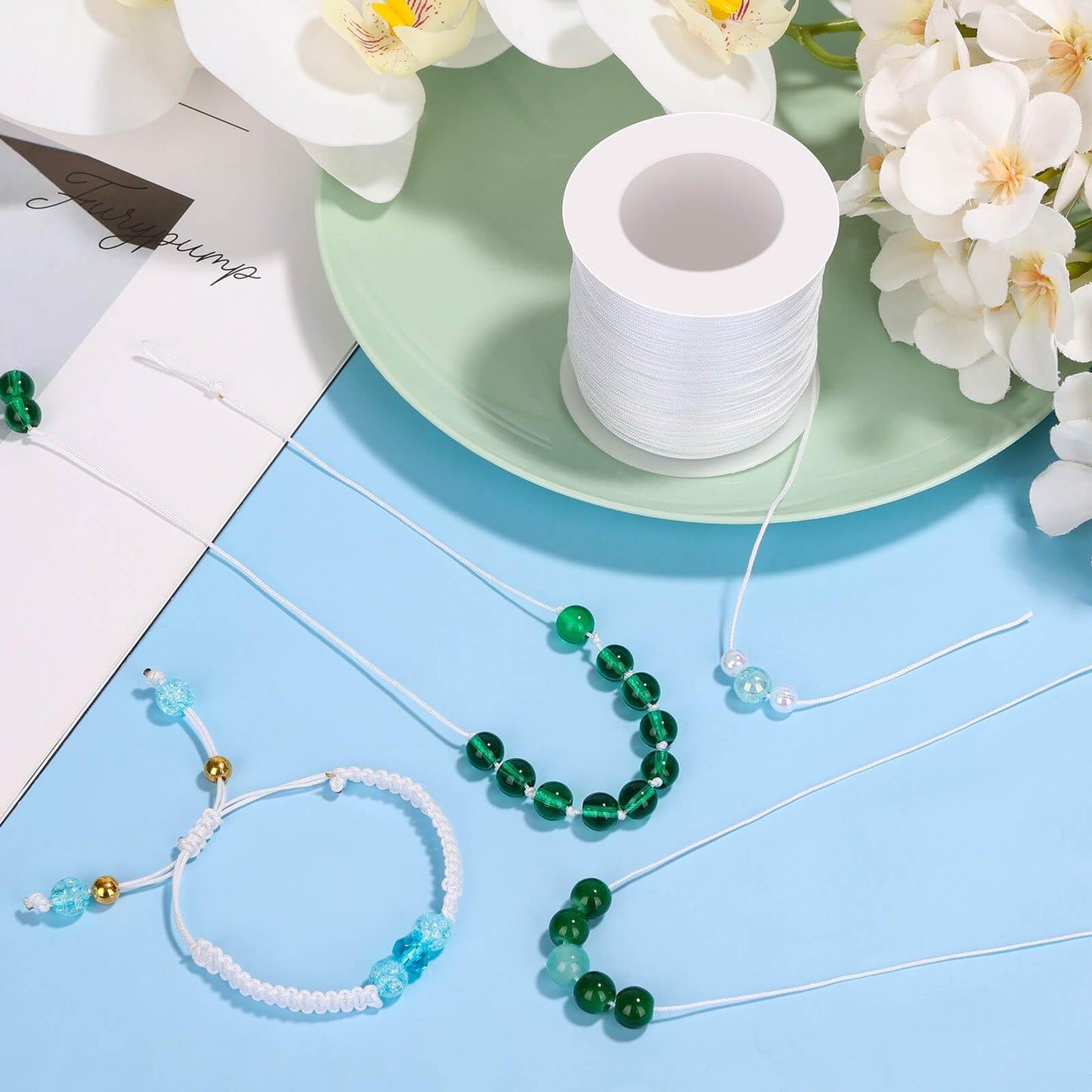 Anezus White Nylon String for Bracelets, 0.8mm Nylon Thread Braided Nylon Cord Wind Chime Outdoor Twine String for Beading, Necklaces, Blinds, DIY Craft, Jewelry Making