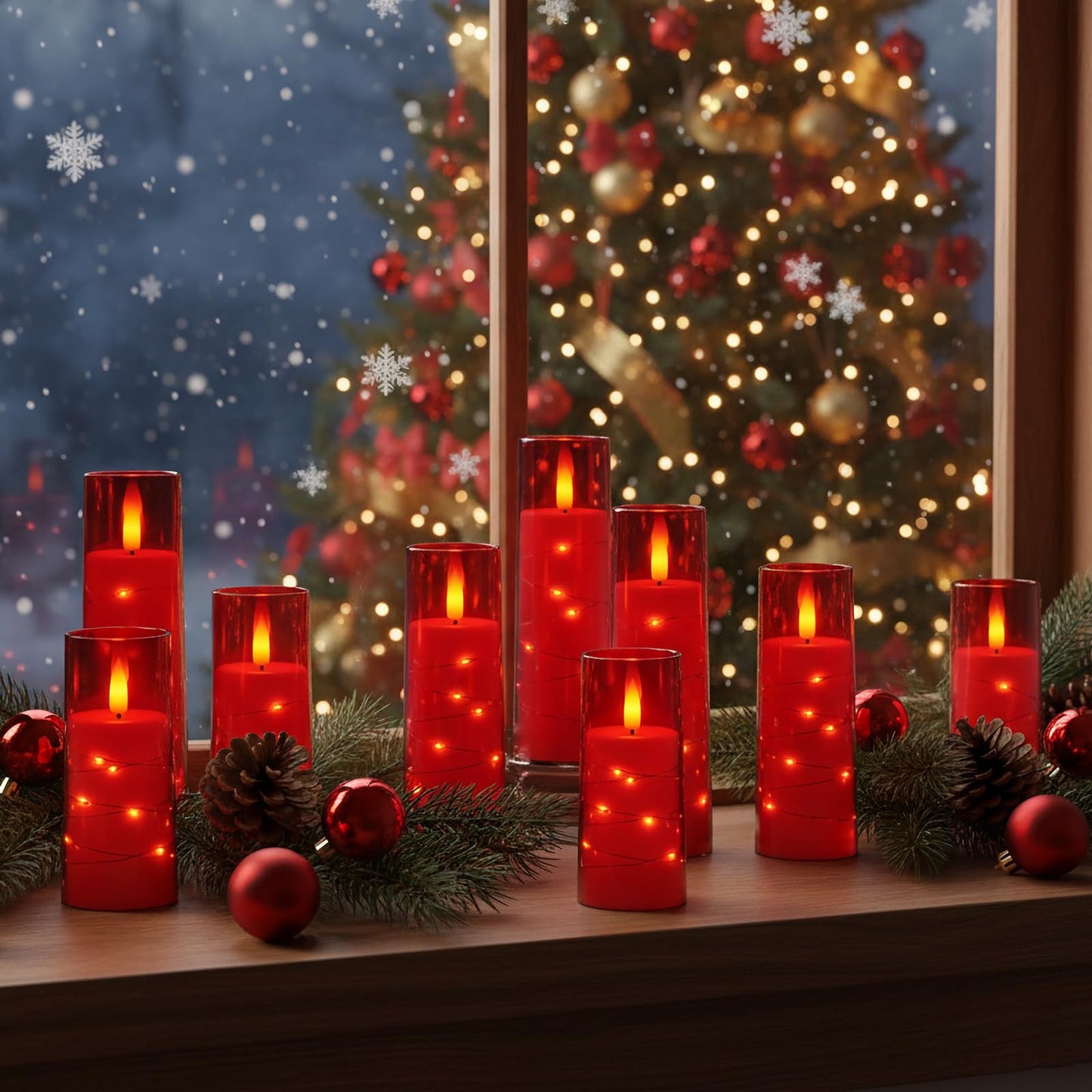 Flameless Candle with Remote Timer – 9 Flickering Acrylic Battery Operated LED Pillar Candles with Embedded Star String for Valentine's Day, Home Decor, and as a Gift (Red)