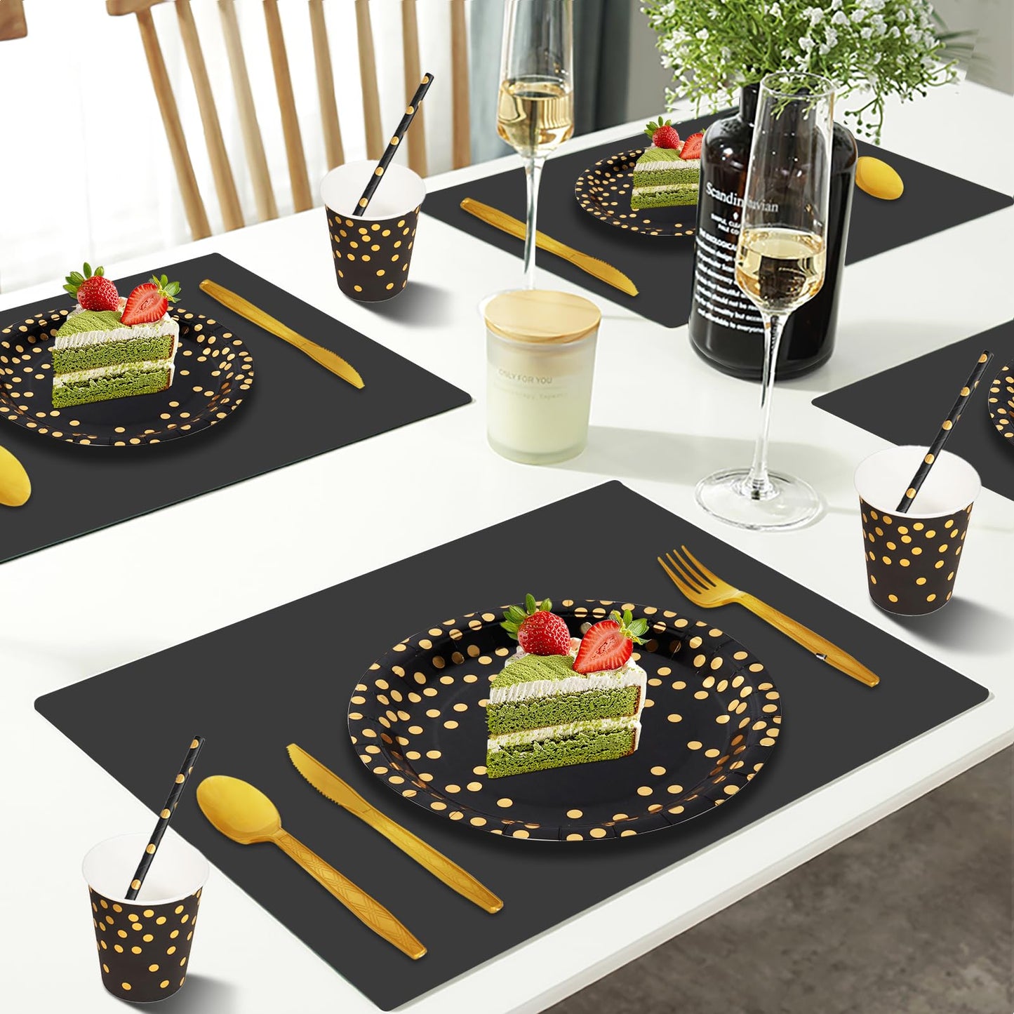 Nkaiso Paper Plates and Napkins Set, 193 Pieces Black Gold Party Supplies Includes Paper Plates Cups Napkins Straws and Cutlery for Birthday Wedding Holidays Parties Decorations-24 Guests
