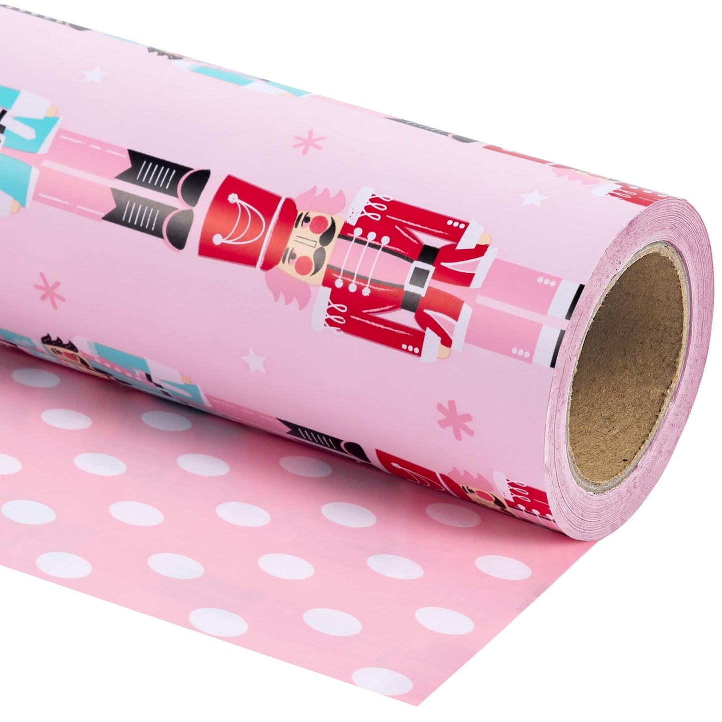 Reversible Christmas Wrapping Paper - Mini Roll - 17 Inch x 33 Feet - Pink Nutcracker Wrapping Paper and Polke Dot Design for Christmas, Holiday, Party Celebration