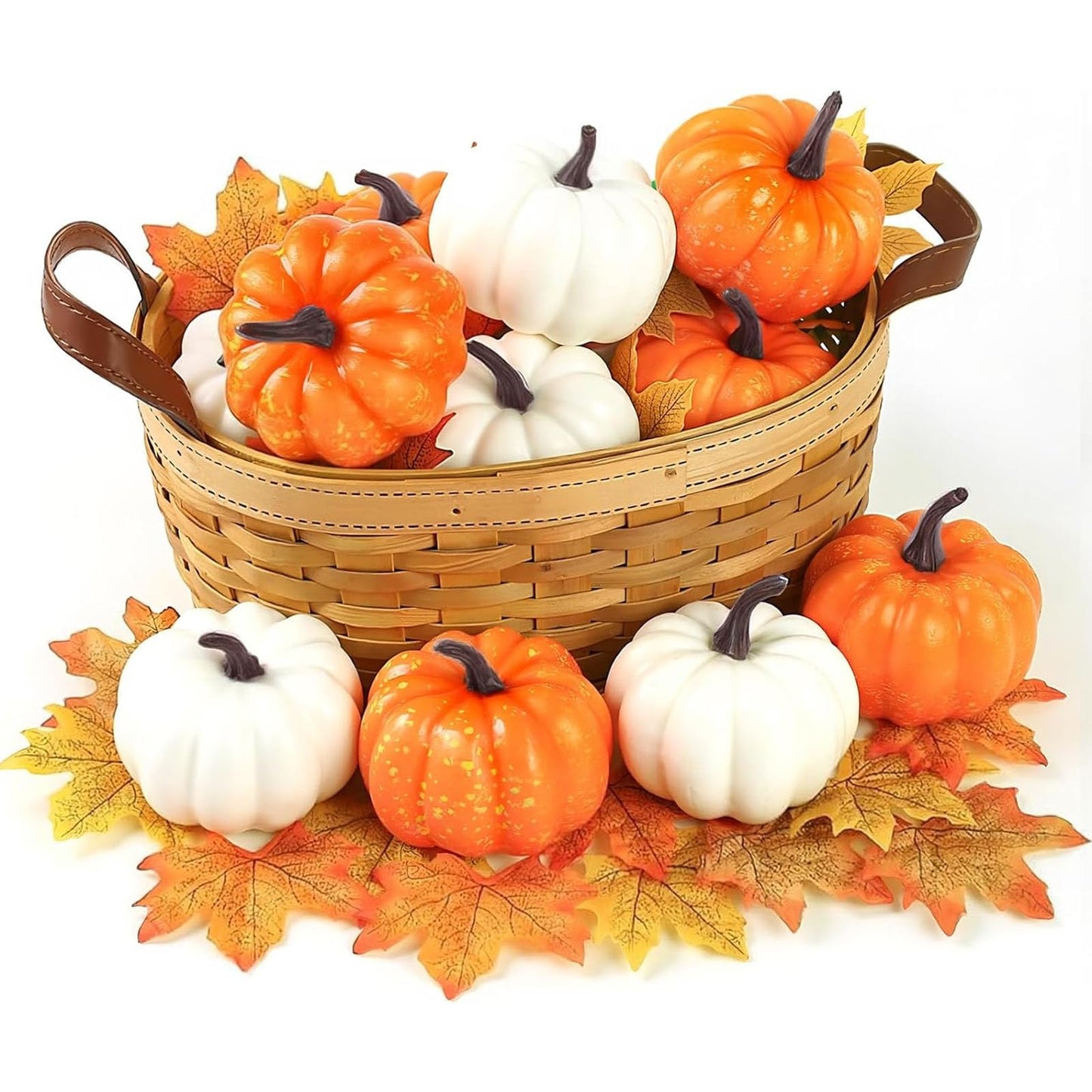 42 PCS Artificial Pumpkins Decorations, 12PCS Fake Pumpkins with 30Packs Maple Leaves for Fall Harvest Crafts Halloween Thanksgiving Decor
