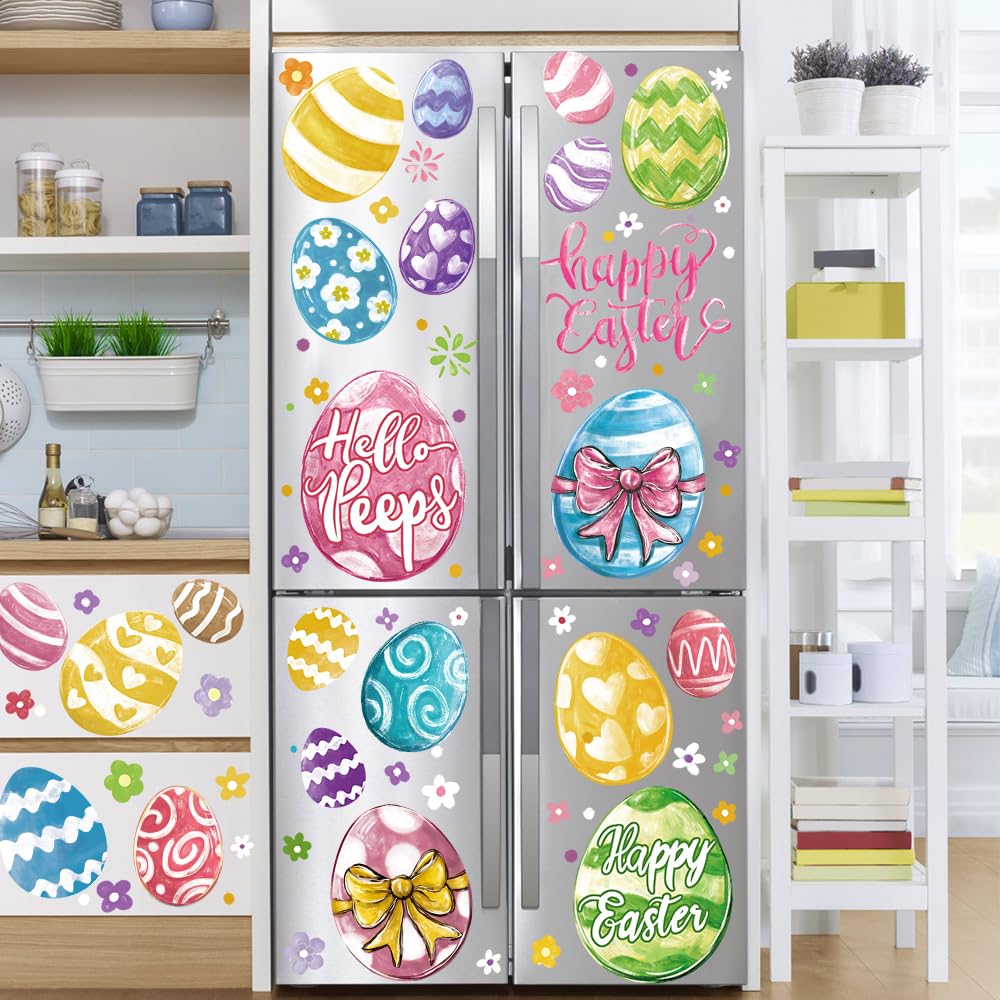 DIYDEC 6 Sheets Easter Window Clings Large Easter Eggs Window Decals Oil Painting Eggs Flowers Stickers for Home Office School Decor Spring Glass Window Decoration