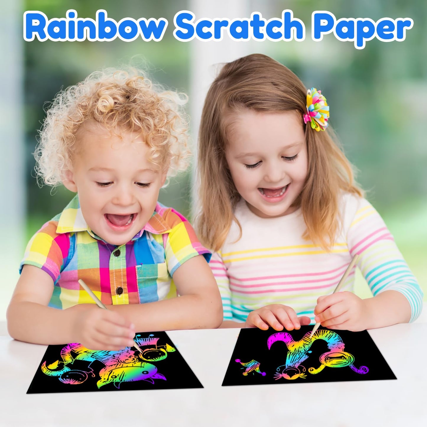 Scratch Art Crafts Boys Gifts, 50 Rainbow Scratch Paper Art Gifts for 3 4 5 6 7 8 9 10 Years Old Girls and Boys Kids, Arts and Crafts for Kids 4-6 Birthday Toys and Games Activities Gift (Blue)