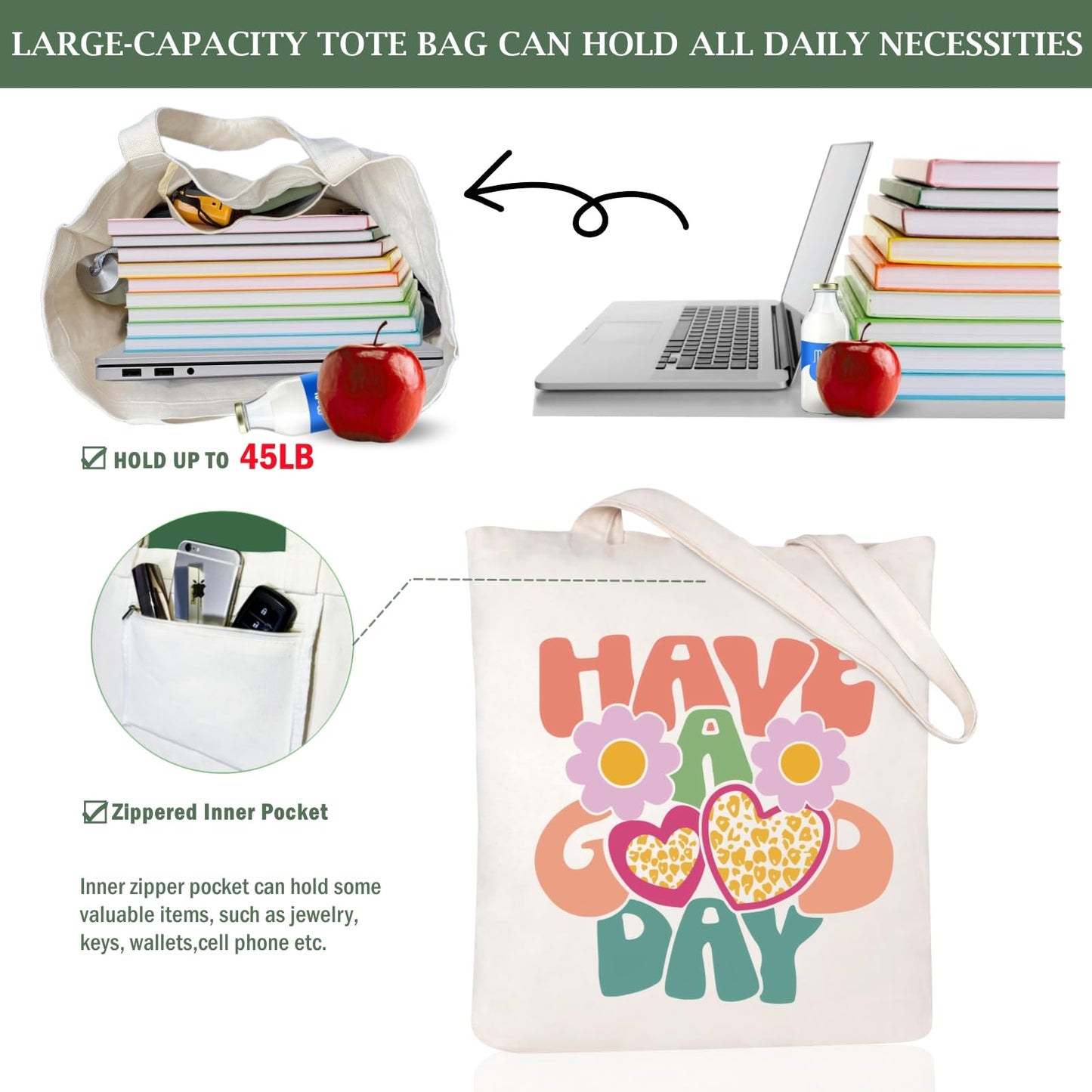 Andeiltech Canvas Tote Bag for Women with Zipper Pocket Aesthetic Cloth Cotton Totes Reusable Grocery Bags Shoulder Book Bags Gifts