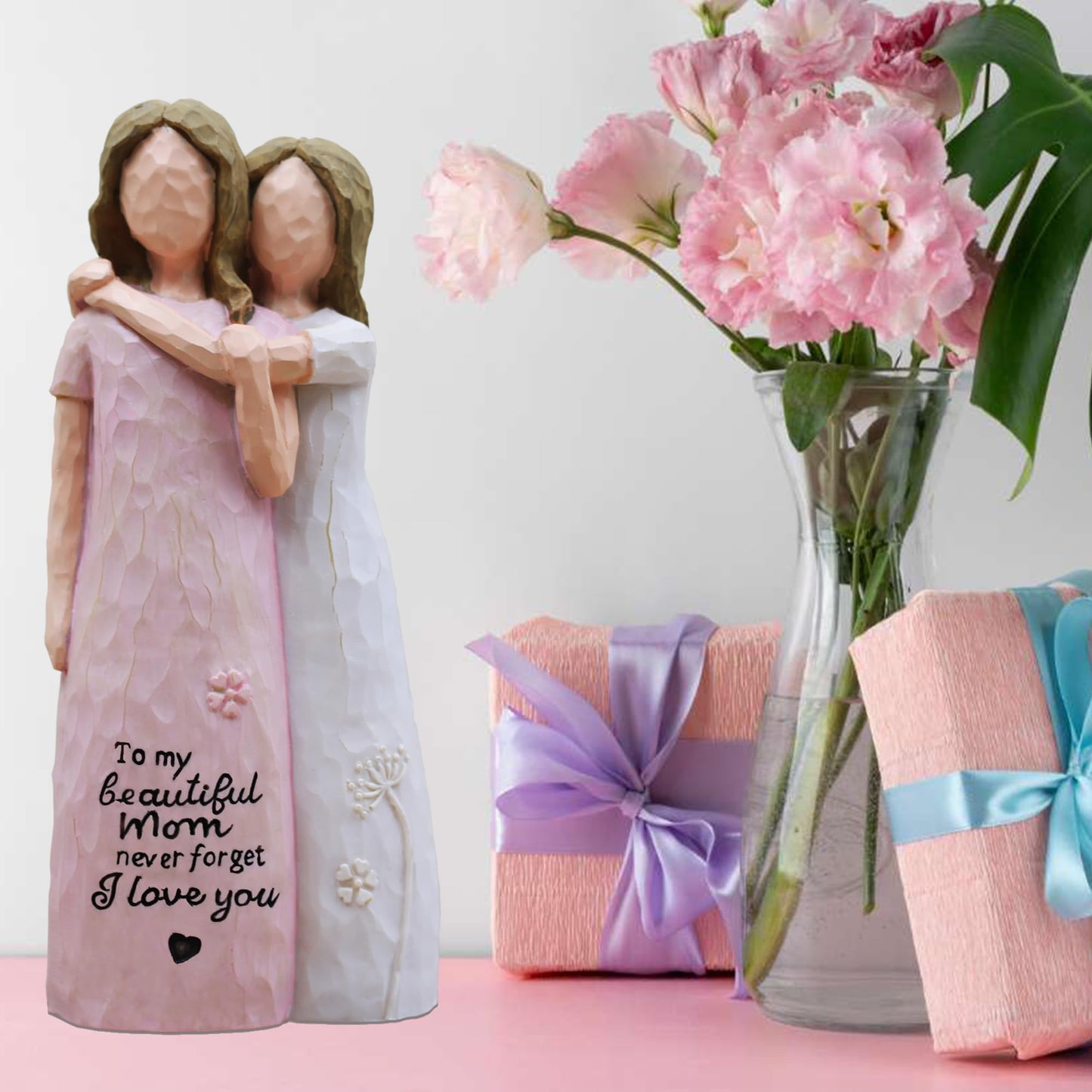 AcowSpt Mother Daughter Gift, Birthday Gifts for Mom from Daughter, Sculpted Hand-Painted Figurine (Pink)