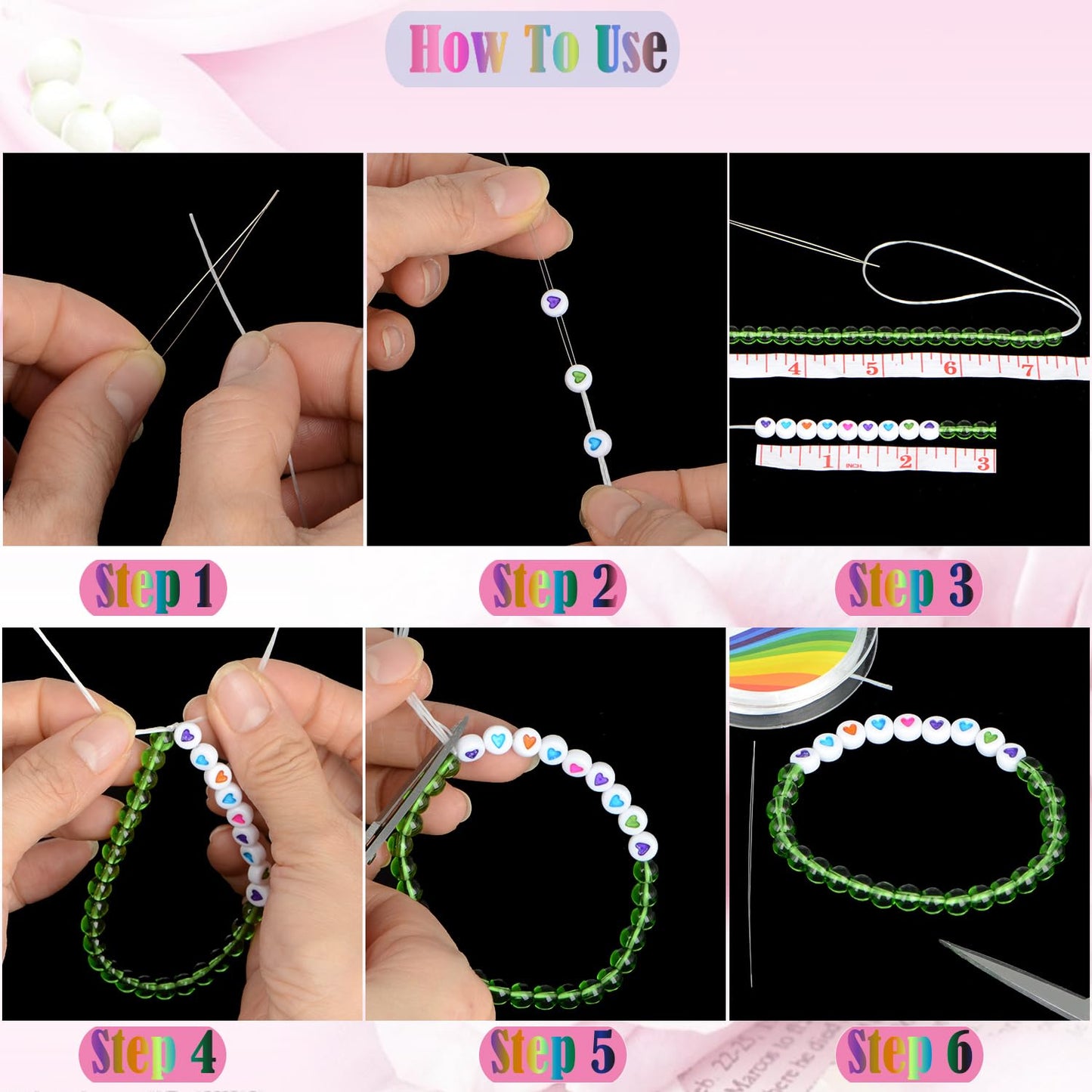 LPBeads 12 Rolls 0.8mm Elastic Stretchy String Cord for Bracelet Jewelry Making with Beading Needles and Ruler