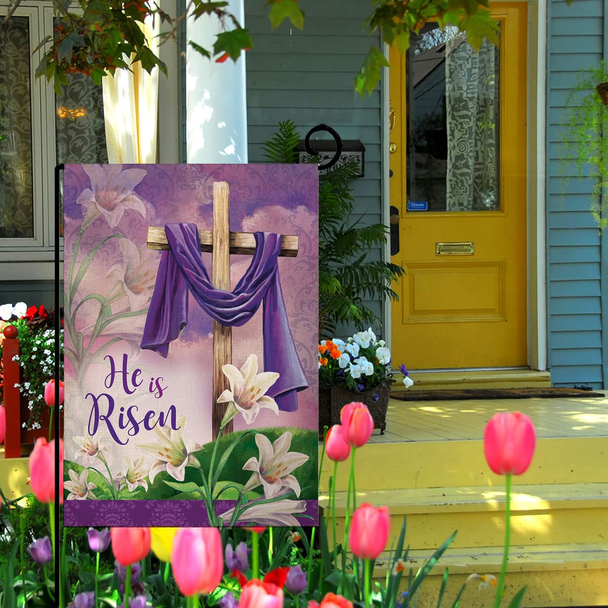 Sambosk He is Risen Spring Easter Small Garden Flag Vertical Double Sided Burlap Welcome Farmhouse Yard Outdoor Decoration 12 x 18 Inches