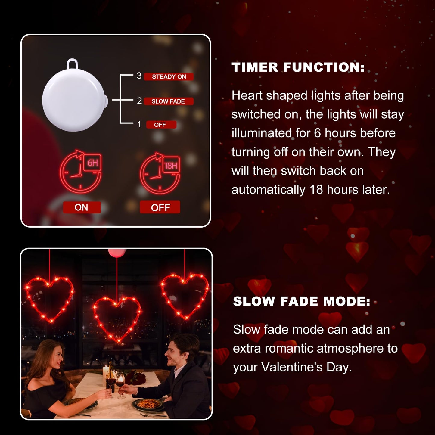 3 Pack Valentines Day Window Lights Decorations with Timer, Battery Powered Hanging Red Lighted Heart Shaped Silhouette Sucker LED Lamp for Fireplace Indoor Home Decor