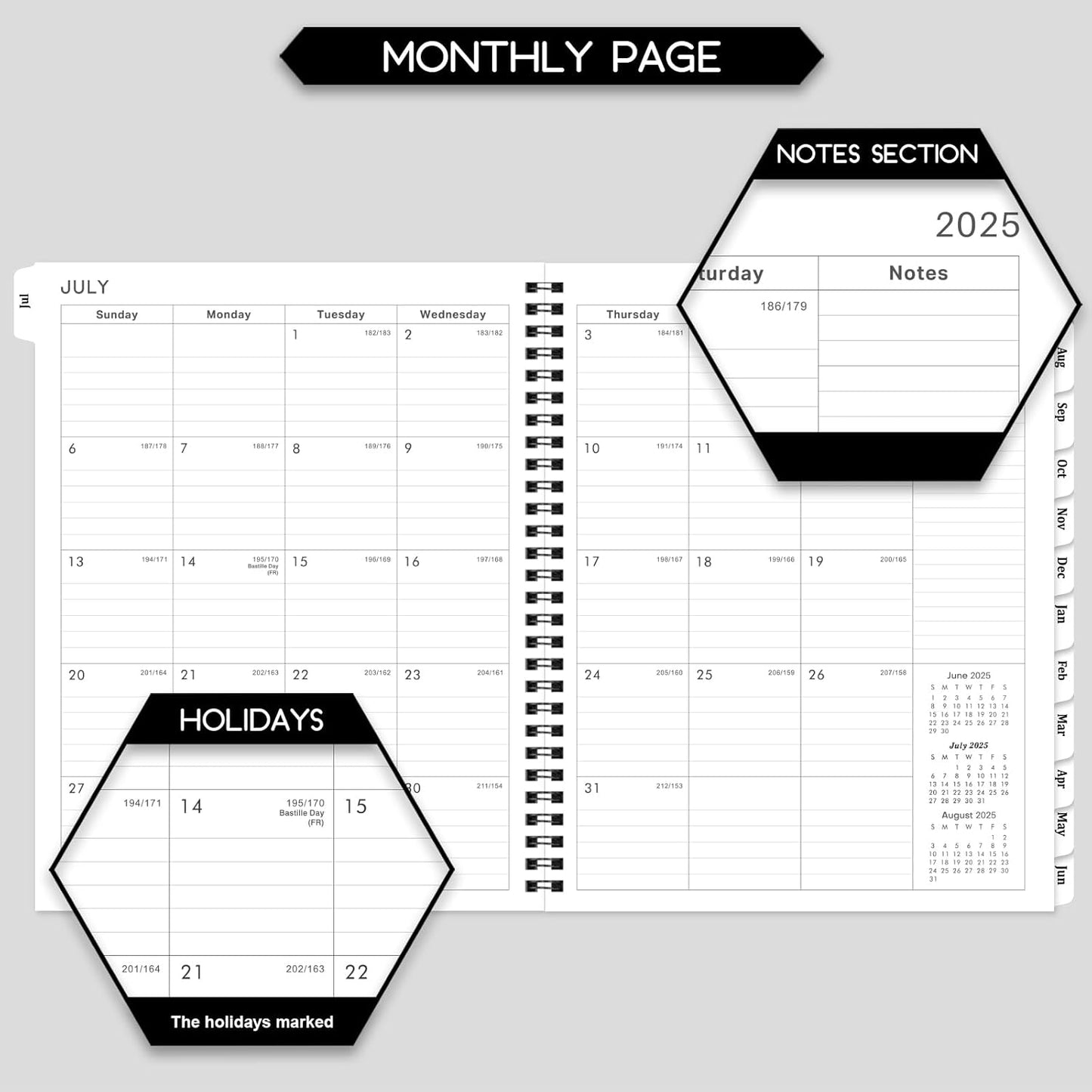 2025-2026 Planner - Planner 2025-2026 Weekly and Monthly, Jul. 2025 - Jun. 2026, 8" x 10", with Tabs, Thick Paper, Spiral Binding, Classic Black
