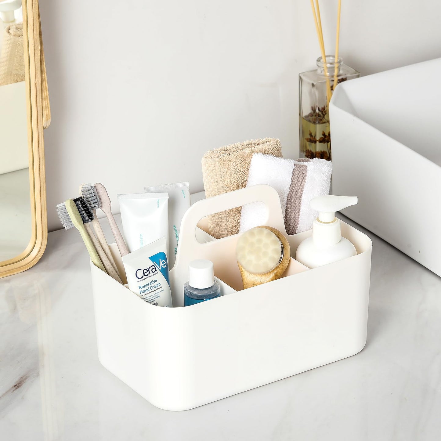 Multiuse Caddy Organizer with Handle - Stackable Plastic Bin Basket - Divided Storage Tote Holder for Art Craft Supplies, Makeup, Bathroom, Shower, Cleaning, Kitchen, Office, Dorm, Desktop - White