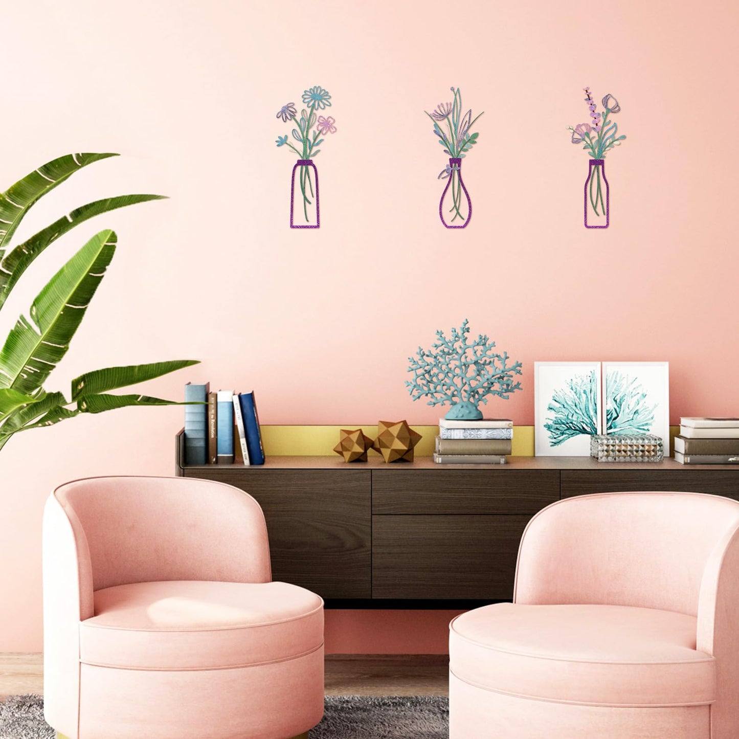 3 Pieces Metal Flowers Wall Arts - Rustic Farmhouse Decor Purple Minimalist Flower Wall Decors for Living room Bathroom Bedroom Dining Room-Housewarming Gifts(Purple, Vase-C)