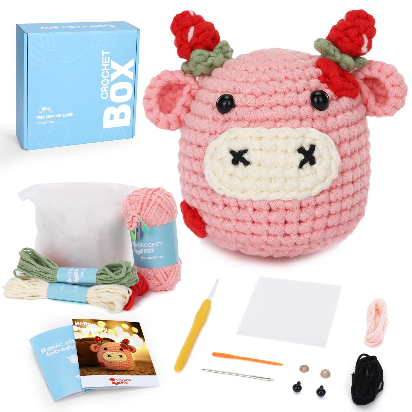 Crochet Kit for Beginners Adults - Cow Starters Crocheting Animal Kits for Kids, DIY Craft Birthday Gift with Crochet Yarns, Hook, Step-by-Step Video, Instruction and Crochet Accessories