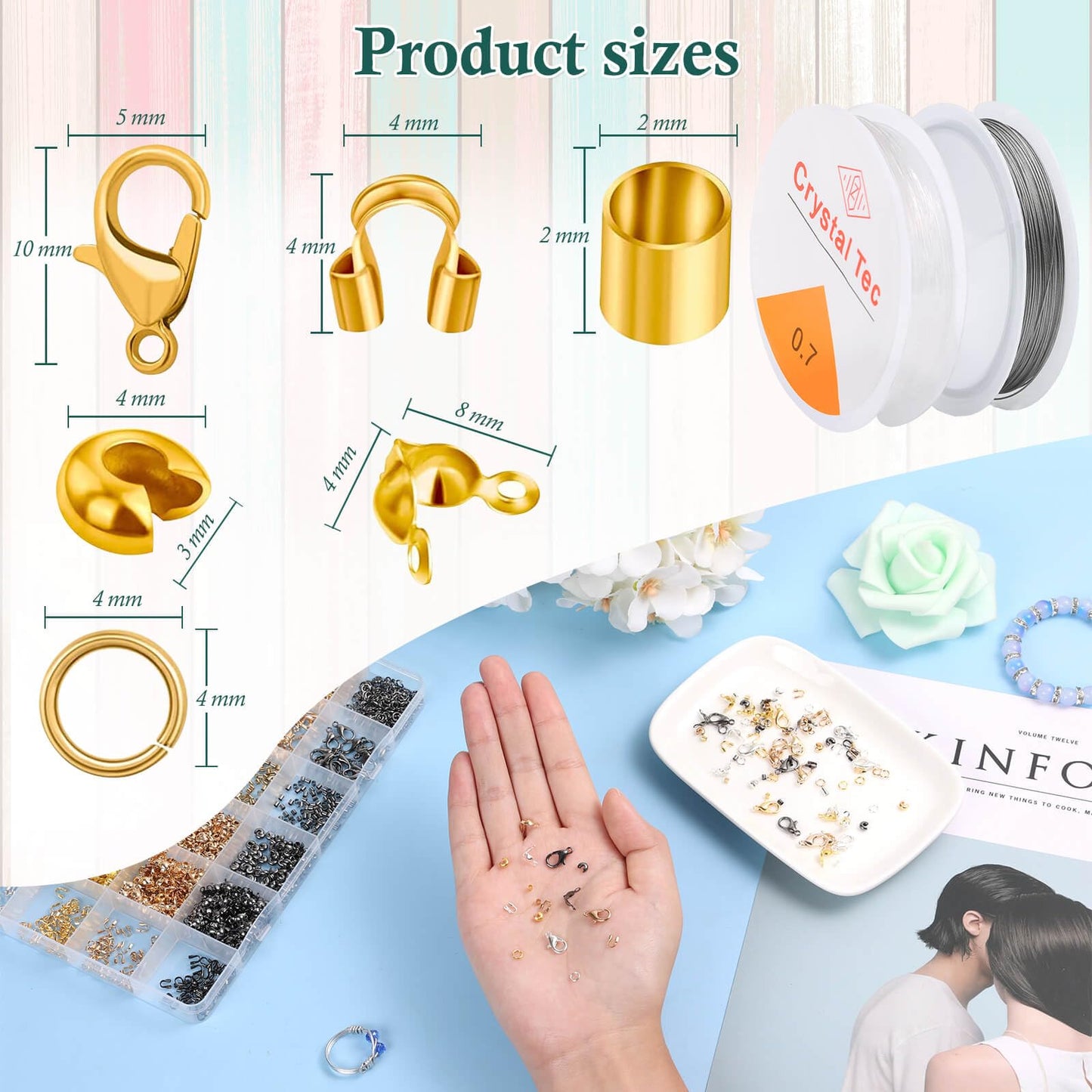 2160 Pieces Crimp Beads Kit for Jewelry Making, Knot Covers, Crimp Bead Covers, Crimp Tubes, Jump Rings and Wire Guardians with Crimping Pliers, Elastic String for Bracelets Necklaces Making