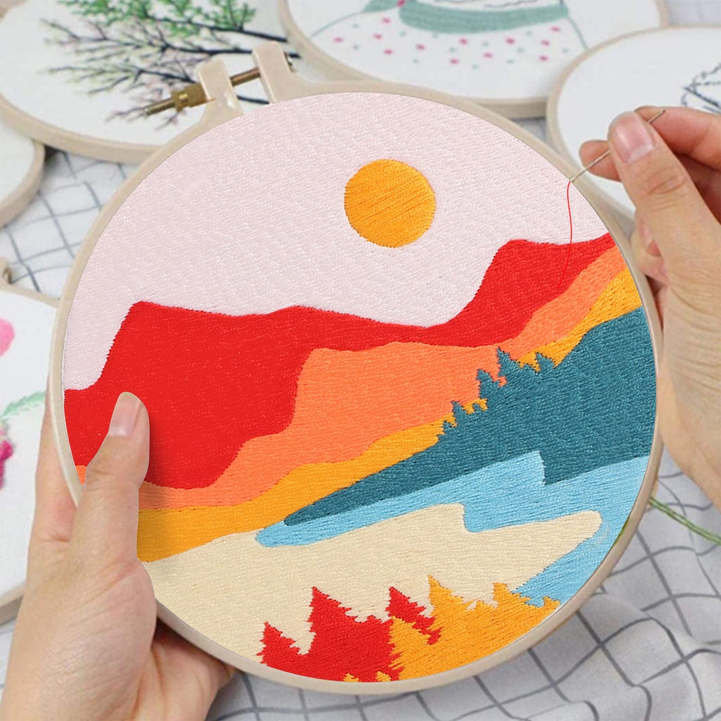 Louise Maelys 3 Set Landscape Embroidery Kits for Beginners with Mountain Sun Moon Pattern,Adults Starter Cross Stitch Kit DIY Needlepoint