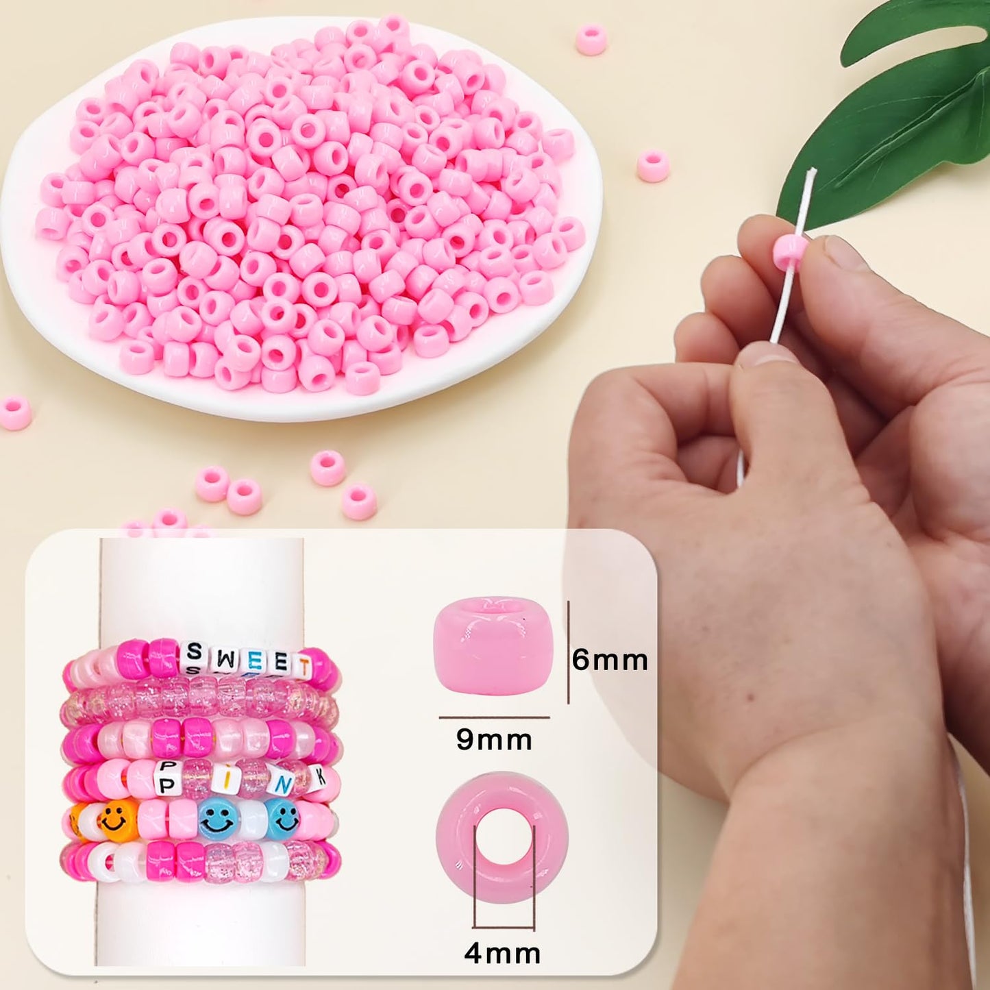 MIIIM 1200PCS 6x9mm Pony Beads Bulk, Light Pink Pony Beads for Bracelets Making Kit, Kandi, Hair Braids Crafts for Jewelry Making (Light Pink)