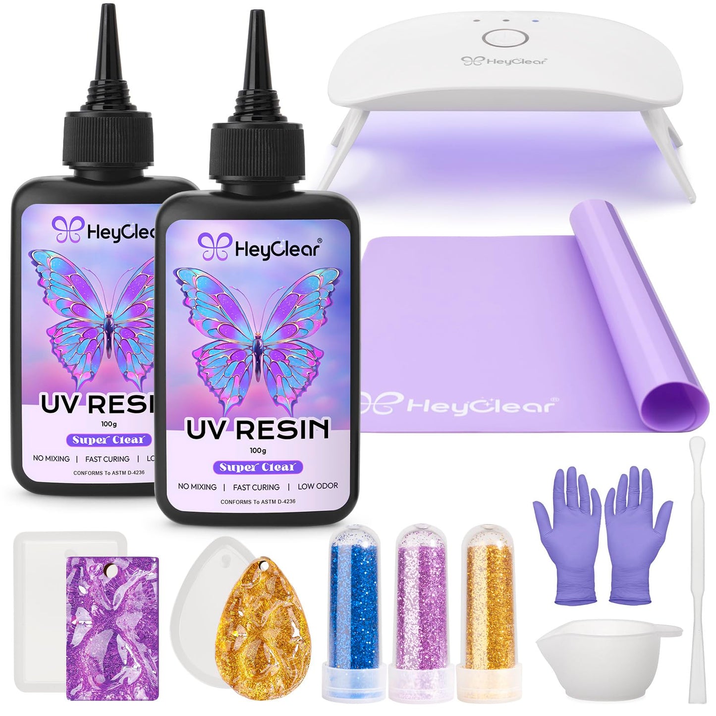 HeyClear UV Resin Kit with Light -200g Crystal Clear, Hard Resina UV Light Fast Curing UV Glue for Beginners Crafting, Molds Jewelry Making, DIY Craft Decorations