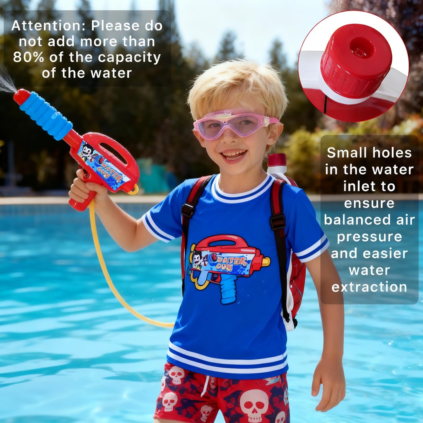 Minaso Backpack Water Gun for Kids, Superhero Squirt Gun, 1.3L Cartoon Summer Outdoor Toys with Adjustable Straps for Swimming Pool Backyard Beach Water Fight Game (Red)
