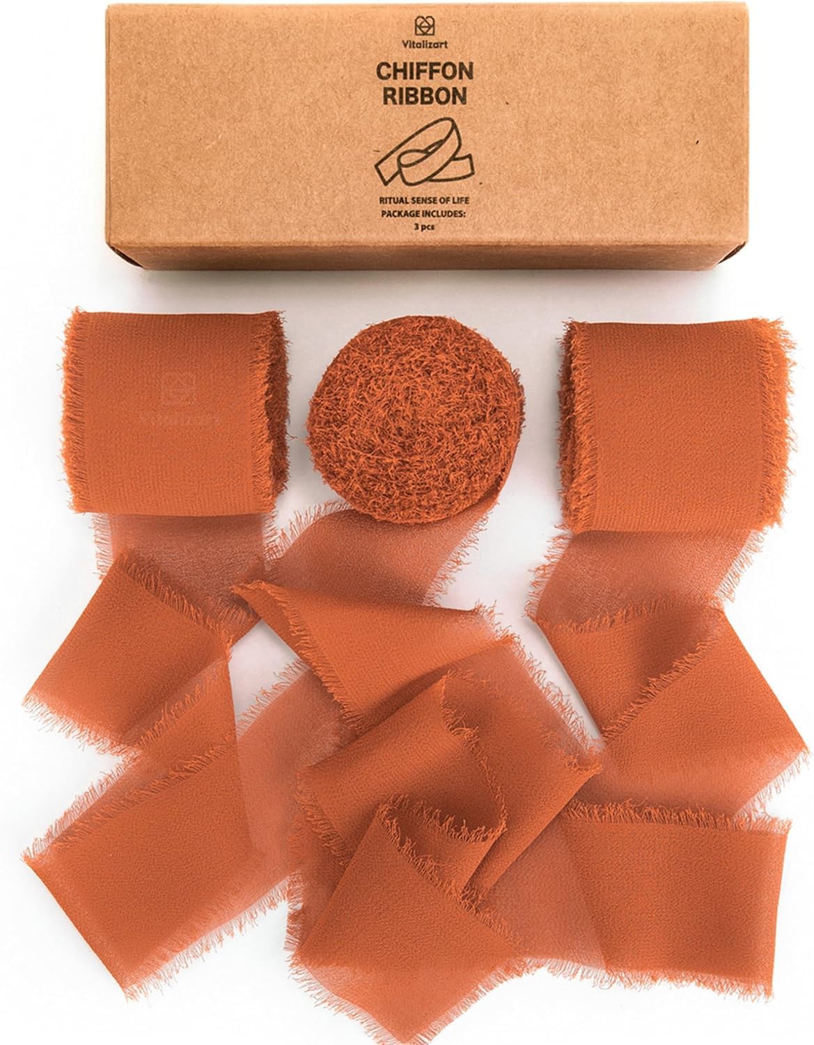 Vitalizart Terracotta Handmade Chiffon Silk Ribbon Fringe 3 Rolls 1.5" x 21 Yd Frayed Edges Ribbons for Wedding Invitations Bridal Bouquets Gifts Wrapping Crafts Holiday Decor