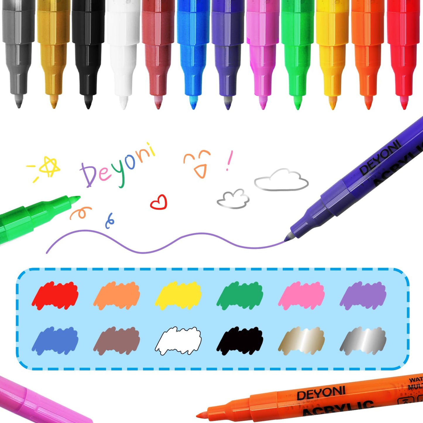 DEYONI 12 Colors Acrylic Paint Pens for Kid 0.7mm, Extra Fine Paint Pens Acrylic Markers Canvas, Rock Painting, Wood, Fabric, Ceramic, Stone, Metal, Art Supplies