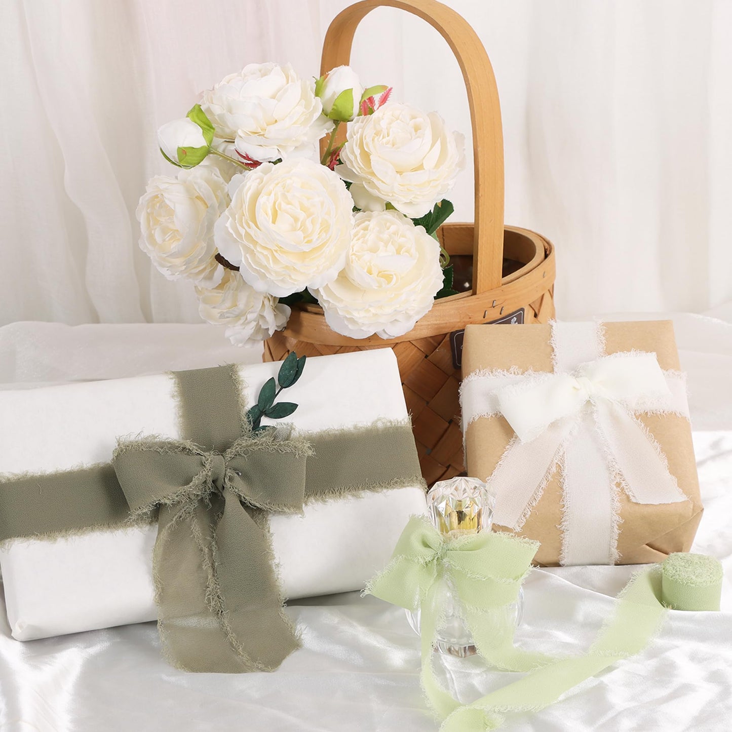 4 Rolls Silk Chiffon Ribbon, 1-1/2 Inch x 22yds, Sage Green Chiffon Ribbons Set, Handmade Fringe Silk Ribbon for Gift Wrapping Bridal Bouquets Wedding Invitations Decoration Crafts