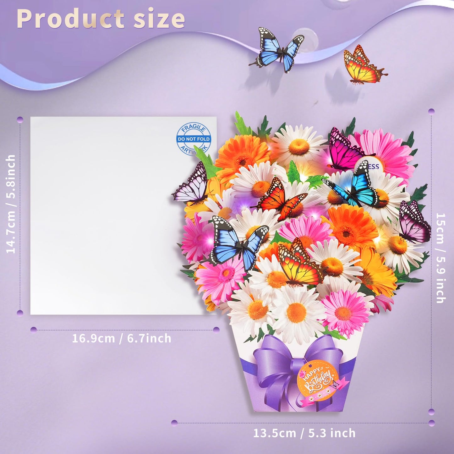 APOTODITO Mini Birthday Cards, Birthday Gift Card with Music and Light, Flower Bouquet 3D Card with Butterflies for Mom, Women, Wife (Butterfly & Daisy)