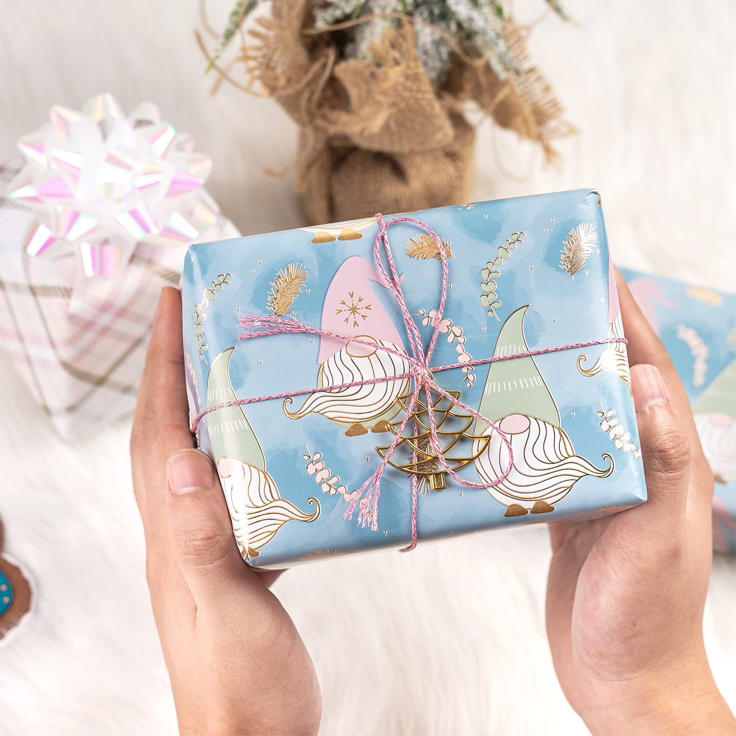 Reversible Christmas Wrapping Paper - Mini Roll - 17 Inch x 33 Feet - Blue Purple Gnome and Plaid Design with Metallic Foil Shine for Holiday, Party, Celebration