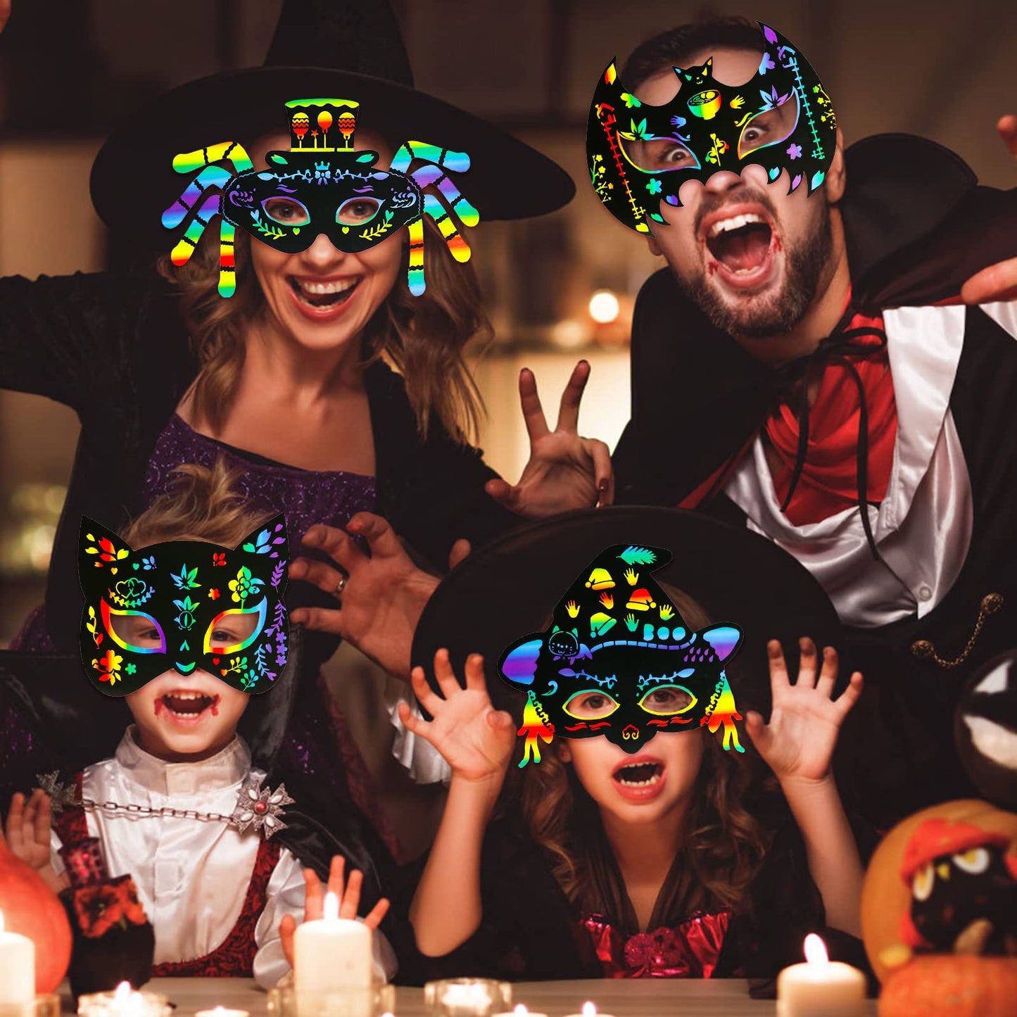 Halloween Crafts, 42PCS Halloween Rainbow Scratch Mask, Magic Scratch Paper Art for Kids Birthday Classroom Decoration for Halloween Party Favors Gifts Party Games Projects Kits