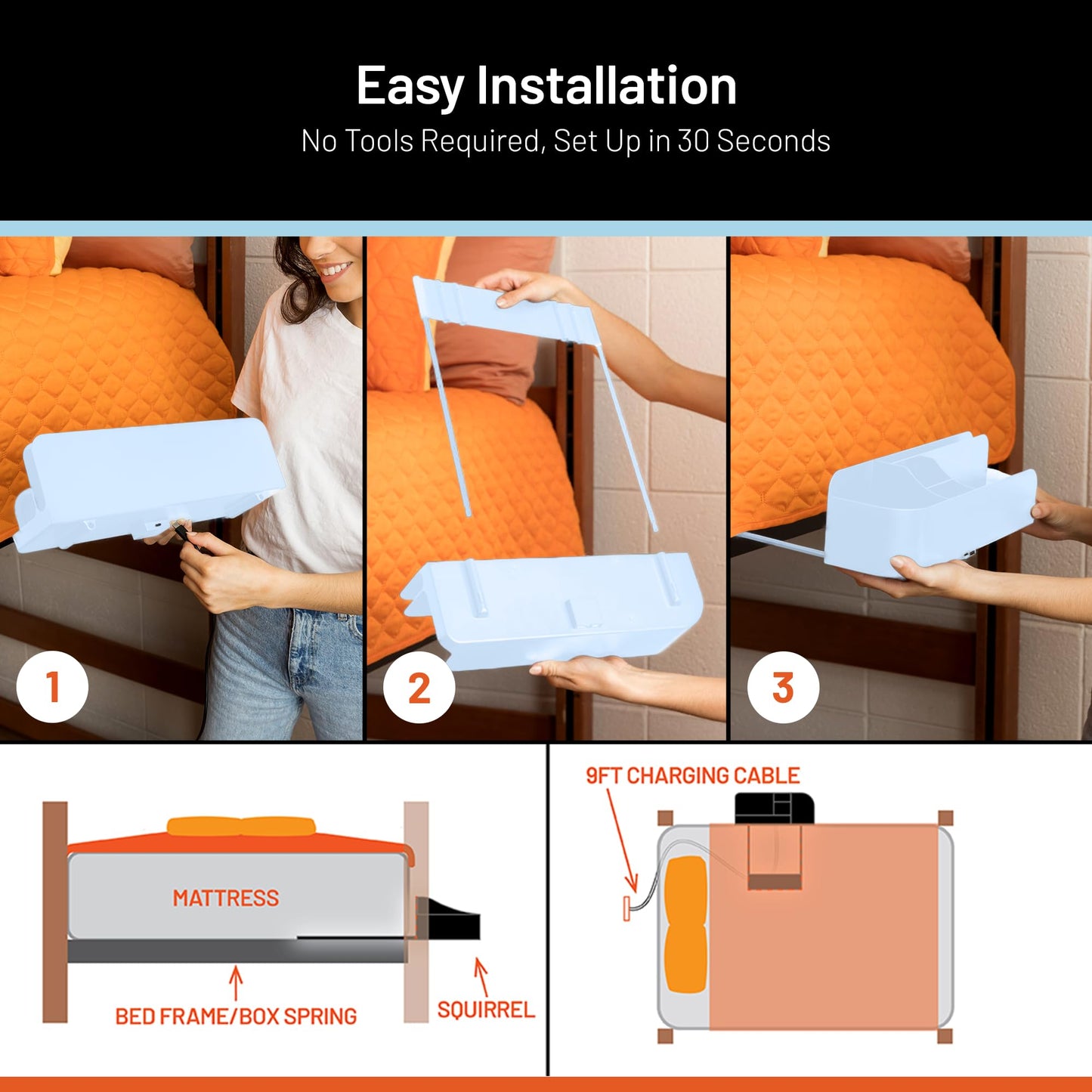 Squirrel-Bedside Perch, Floating Organizer with USB-C & A Charging Ports, Great Bedside Shelfie, Gift for teens and college freshman, for Gamers, Dorm room gifts. Assembly in 1 minute. Light Blue