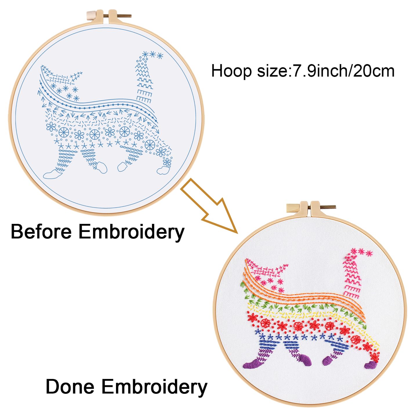 Embroidery Kits for Beginners Adults,Cat Stamped Pattern Practice for Starters,Cross Stitch Kit Including Hoop,Cloth,Needles, Instruction and Threads