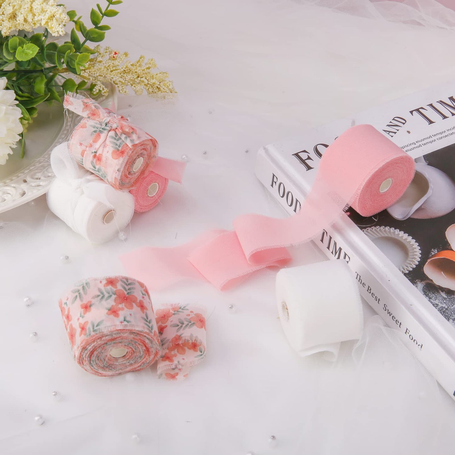 Handmade Fringe Floral Silk Chiffon Ribbons 1.5" x 7 Yards, 3 Rolls 21 Yards Pink Floral Ribbons Set for Wedding Invitations, Bridal Bouquets, Gifts Wrapping, DIY Crafts Decoration