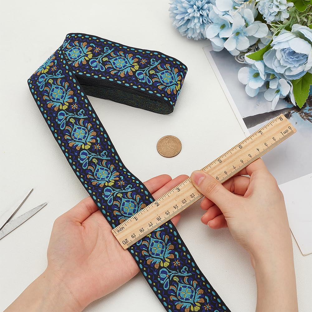 10 Yards Boho Jacquard Fabric Trim with Embroidered Flowers - Blue, 2 Inch Ethnic Style Floral Ribbon for Sewing, Handmade Bag Strap Making & DIY Clothing Decoration