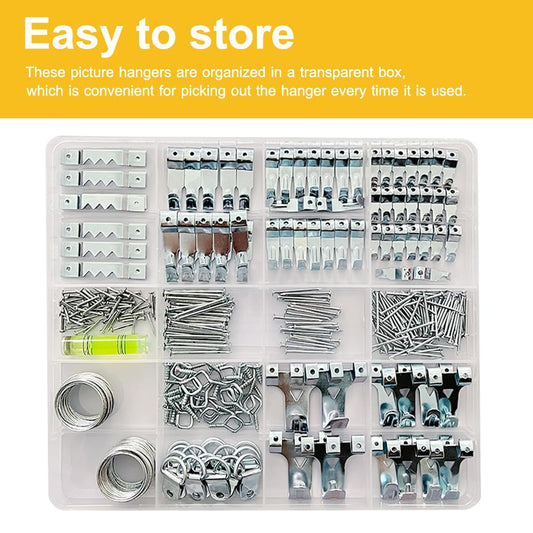 330pc Picture Hanging Kit - Wall Hangers, Nails, Wire, Screw Eyes, D Rings & Tool for Frame & Canvas Mounting