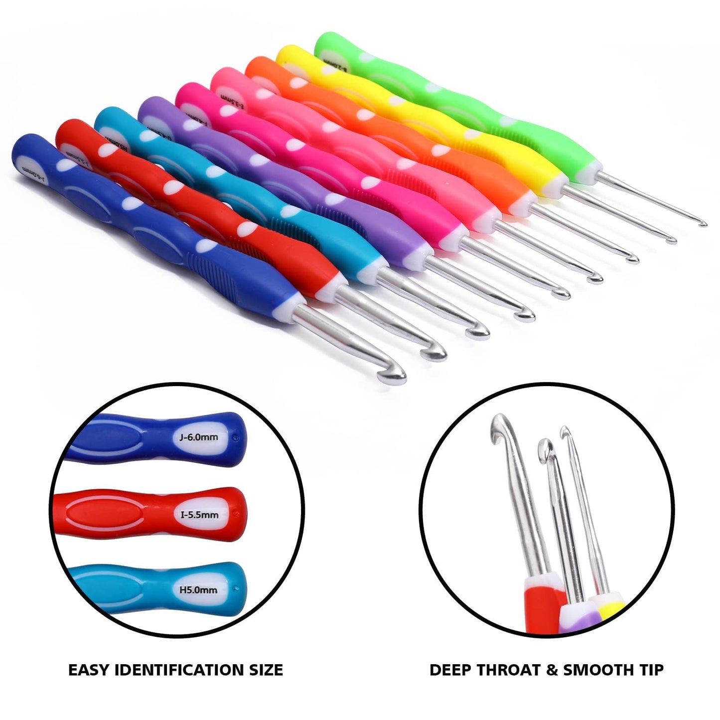KOKNIT 9 Size Crochet Hooks Set, 2mm-6mm Large Ergonomic Grip Soft Handles and Aluminum Knitting Needles for Beginners
