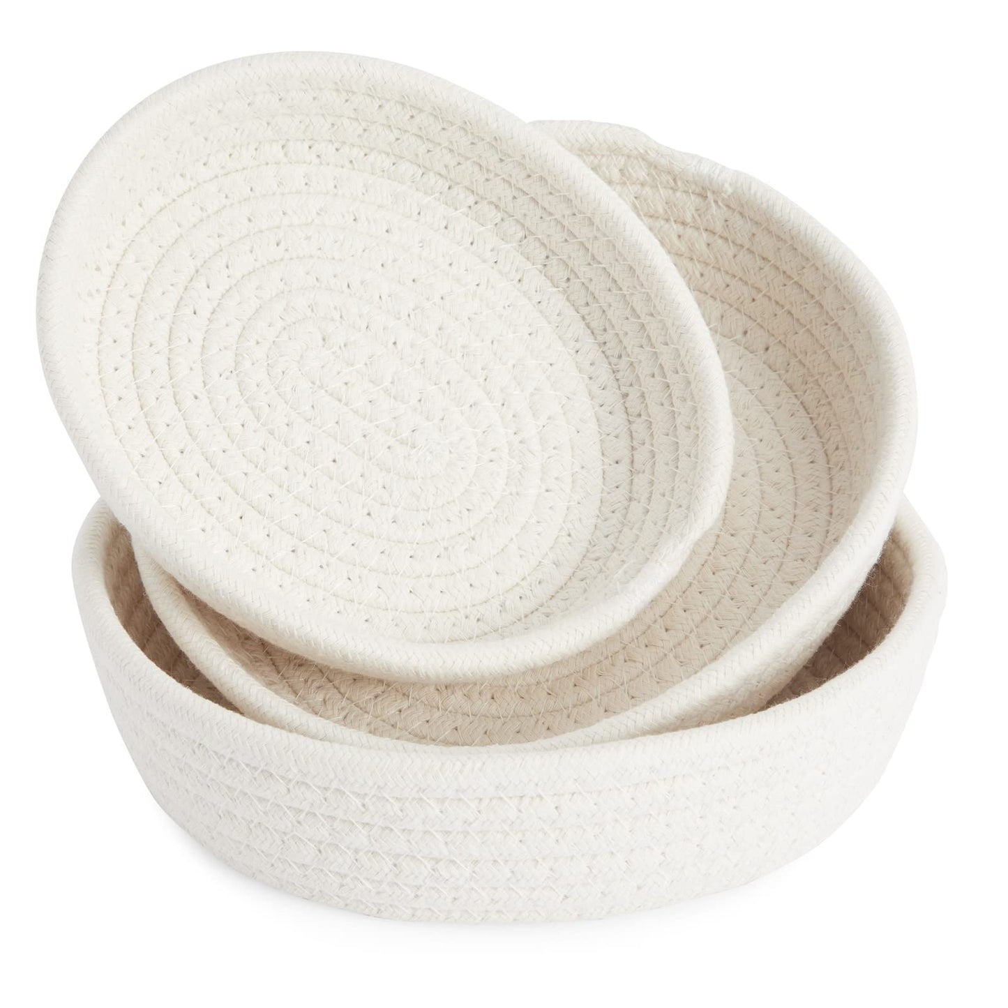 Juvale 3-Pack Small Round Cotton Rope Woven Storage Baskets - Nesting Bins for Organizing Home and Montessori Toys (White, 3 Sizes)