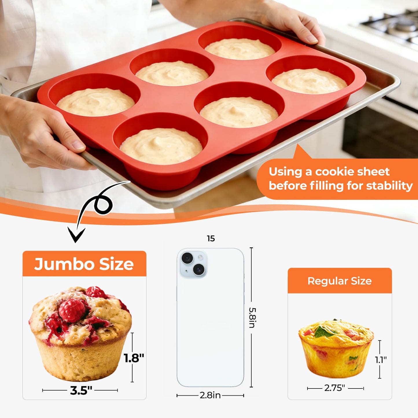 CAKETIME Silicone Jumbo Muffin Pan, 3.5 Inch Silicone Texas Muffin Pan 6 Cup Large Cupcake Pan Nonstick BPA Free Silicone Molds 2 Pack Red
