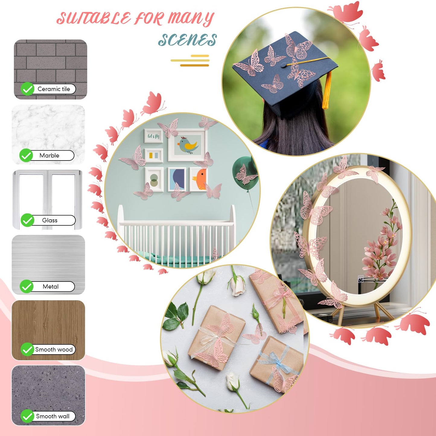 3D Gold Butterfly Wall Decor 3 Sizes 4 Styles Butterfly Party Decorations Cake Decorations Removable Stickers Wall Decor Room Mural Metallic Kids (Pink, 48Pcs)