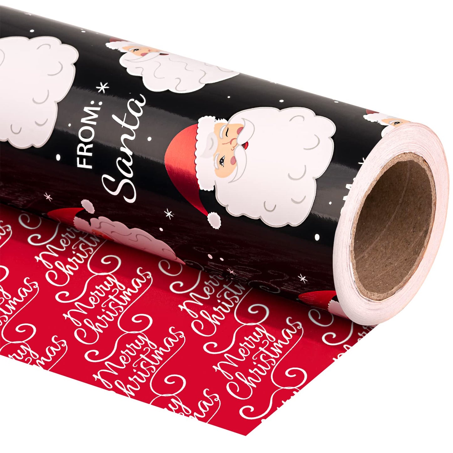 Reversible Vintage Christmas Wrapping Paper - Mini Roll - 17 Inch x 33 Feet - Black Jolly Santa Wrapping Paper and Red Merry Christmas Design with Metallic Foil Shine for Holiday, Party