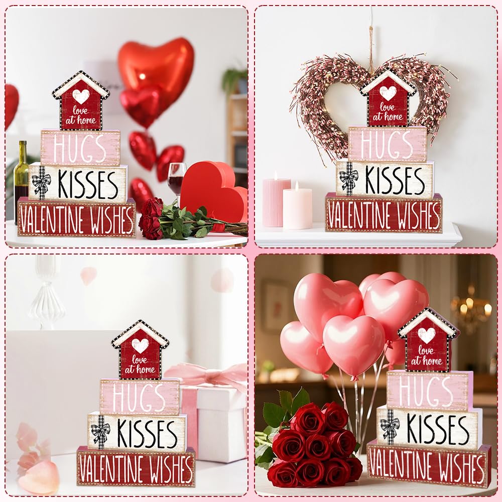 4Pcs Valentine's Day Table Decoration Valentine House Wooden Block Signs Rustic Valentine Tiered Tray Decor Valentines Day Centerpiece Sign for Farmhouse Holiday Tabletop Home Party Decor