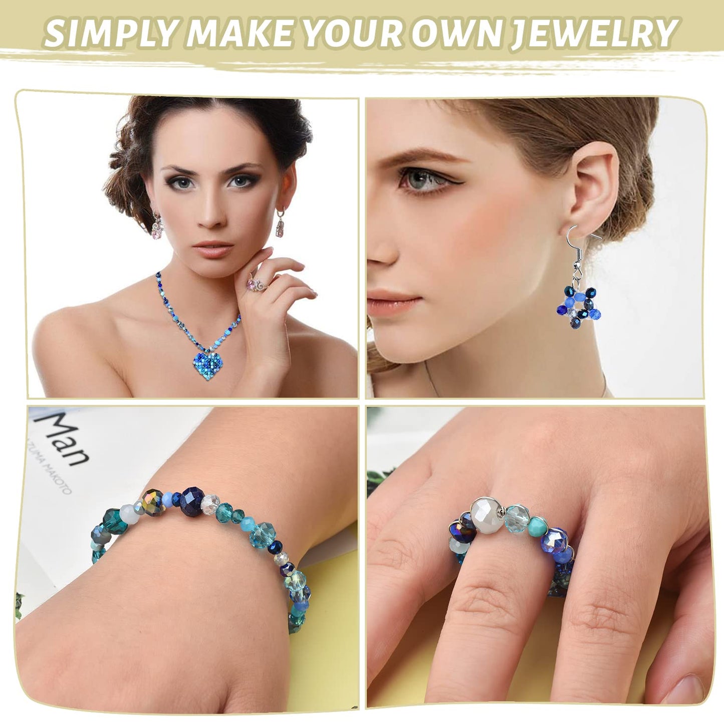 KINGSHINE 4/6/8mm Crystal Glass Beads,3 Sizes Total 1000pcs Faceted Briolette Rondelle Beads with Container,Loose Spacer Beads for DIY Beading Projects,Earrings,Necklaces(Blue Color)