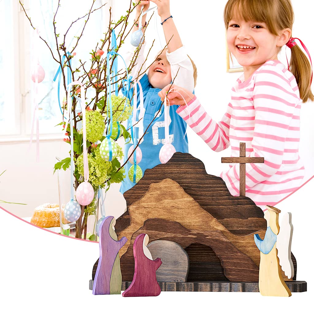 IoF Easter Resurrection Scene Ornament, Wooden Religious He is Risen Easter Decorations, Wood Christian Empty Tomb Figurines, Jesus Nativity Home Decor Set Gifts for Kids for Easter, Christmas, Office
