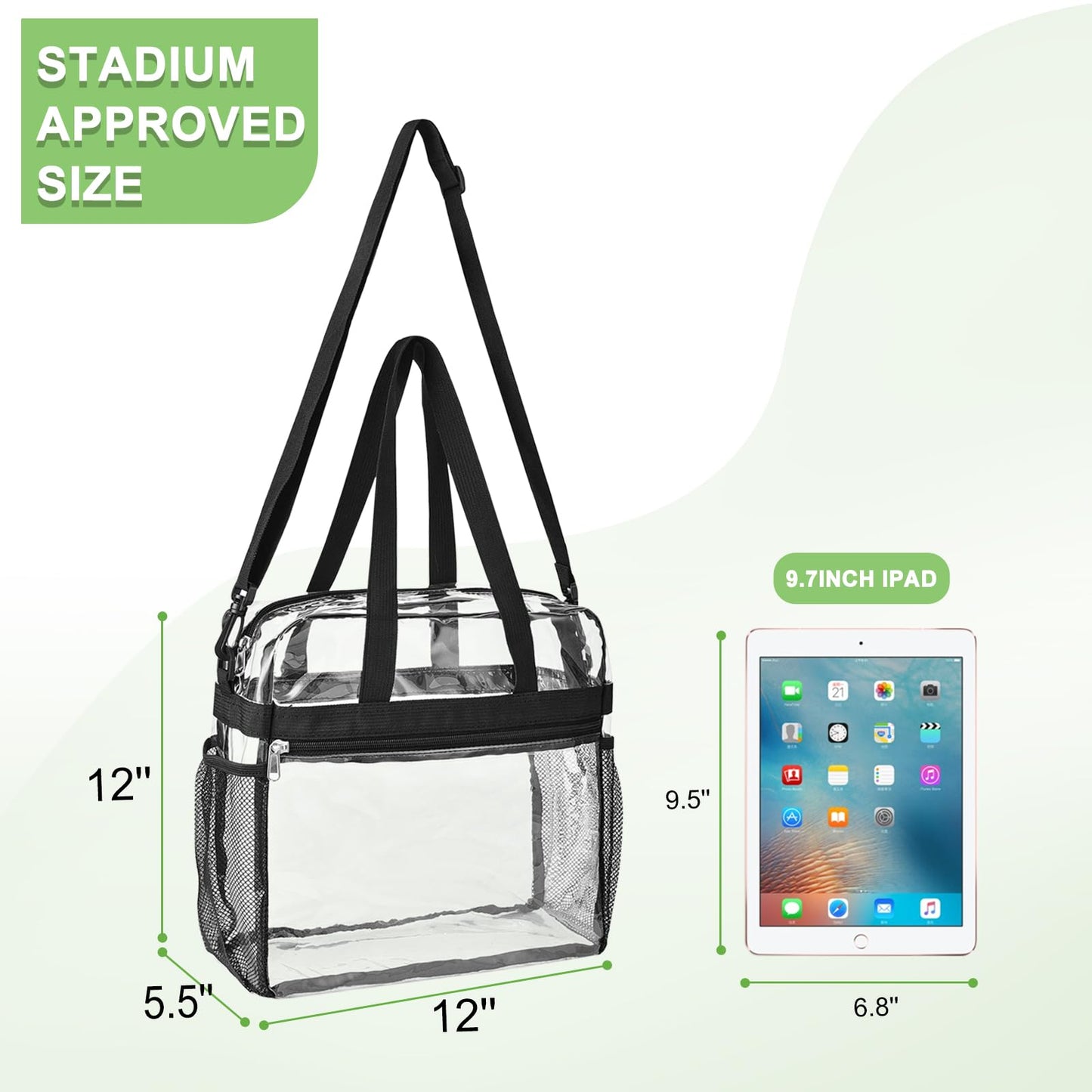 Oraben Clear Bag Stadium Approved 12x6x12 Clear Tote Bag with Removable Strap Clear Lunch Bag for Work Sports Festival (Black)