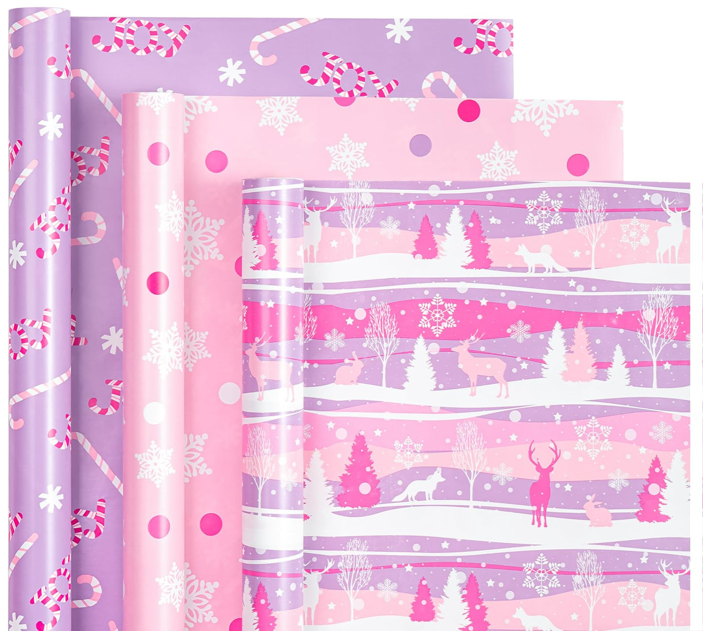 Christmas Wrapping Paper Roll - Mini Roll - 3 Rolls - 17 Inch X 120 Inch Per Roll - Pastel Pink and Purple Reindeer, Candy Cane with JOY, Snowflake Holiday Collection