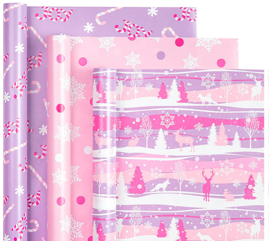 Christmas Wrapping Paper Roll - Mini Roll - 3 Rolls - 17 Inch X 120 Inch Per Roll - Pastel Pink and Purple Reindeer, Candy Cane with JOY, Snowflake Holiday Collection