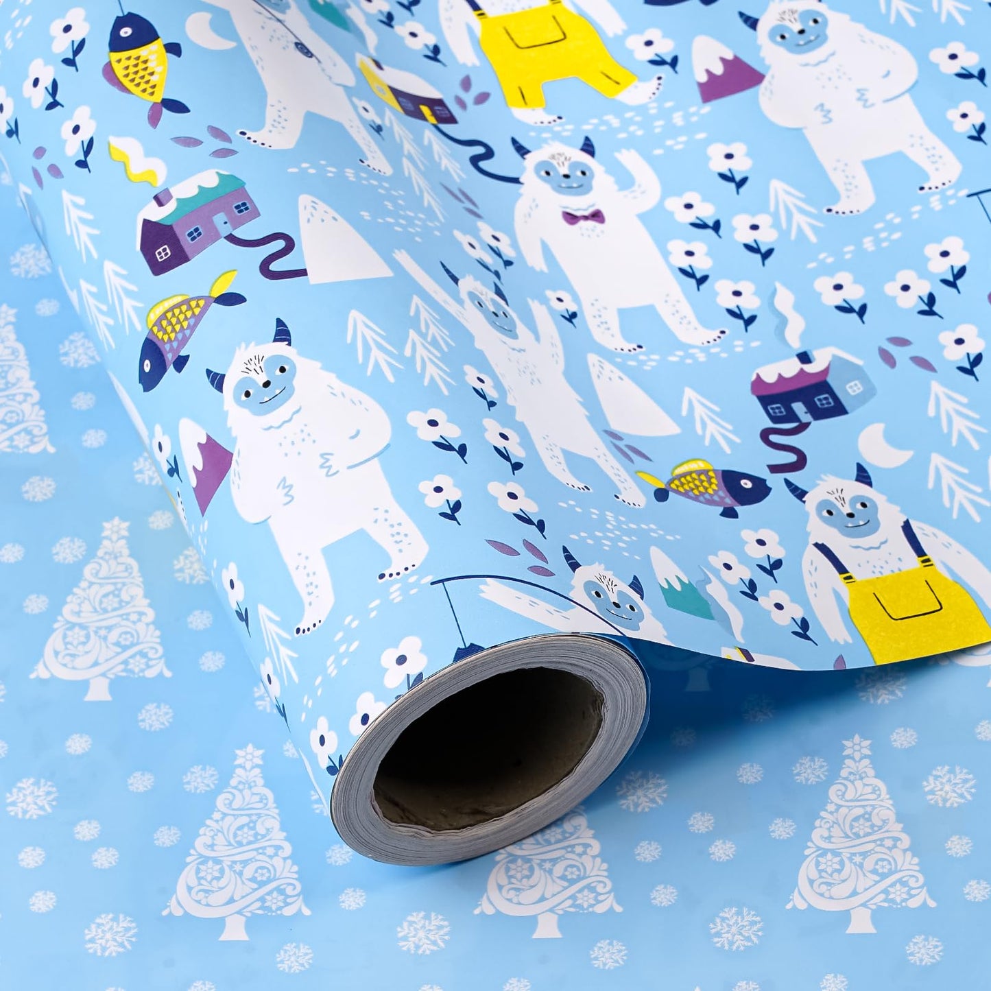 Reversible Christmas Wrapping Paper - Mini Roll - 17 Inch x 33 Feet - Winter Snow Monster and Christmas Tree Wrapping Paper for Xmas Holiday, Party Celebration