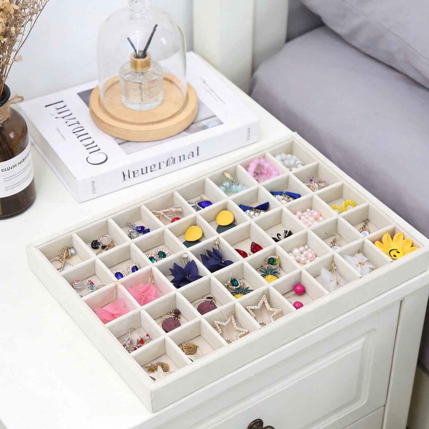 Stratalife Earring Organizer Stackable Jewelry Tray Removable Display Tray Organizer for Jewelry Necklace Earring Drawer Inserts 40 Grid Beige