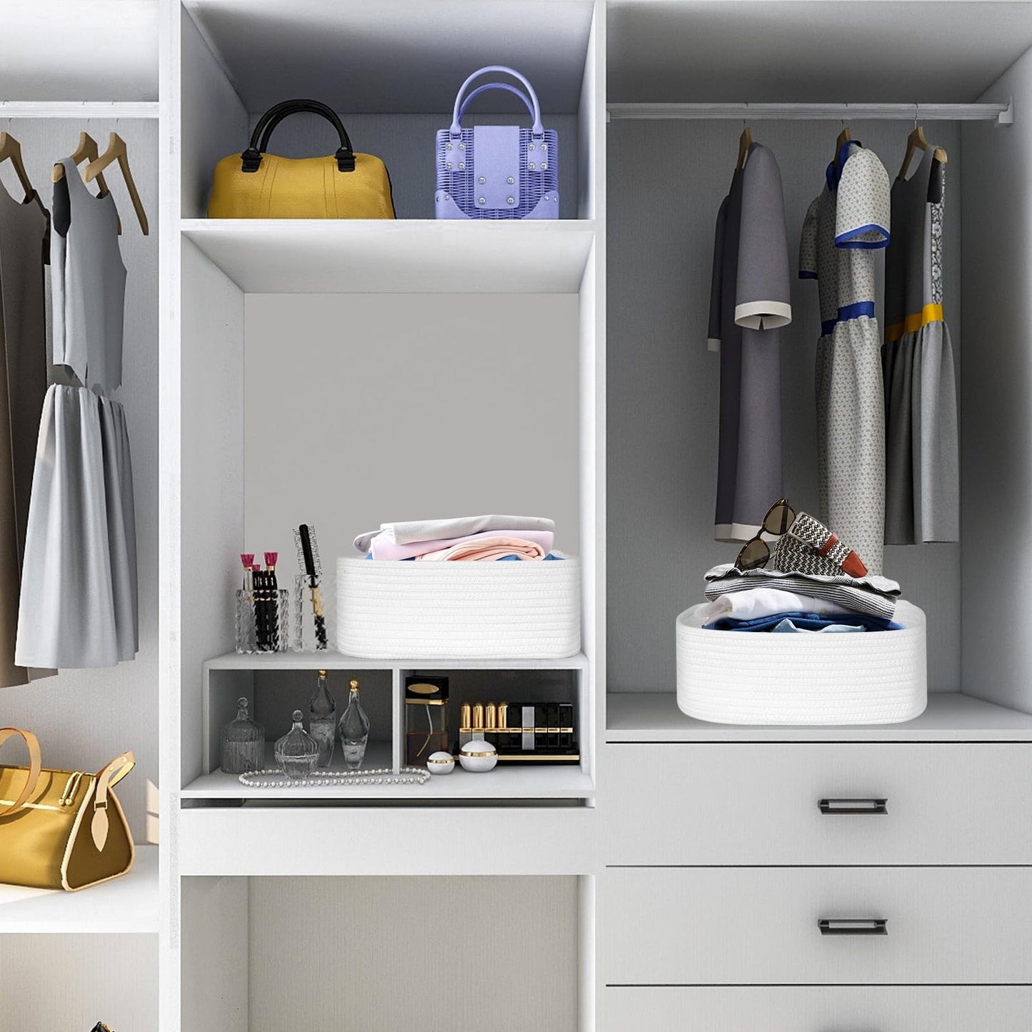 ORGMASTER Small Rope Basket 13" x 8.5" x 5.1", Woven Storage Baskets Closet Organizer Bins, Shelf Boxes for Organizing Home Office, Cat Dog Toy Box, Empty Gift Basket 2 Pack, White