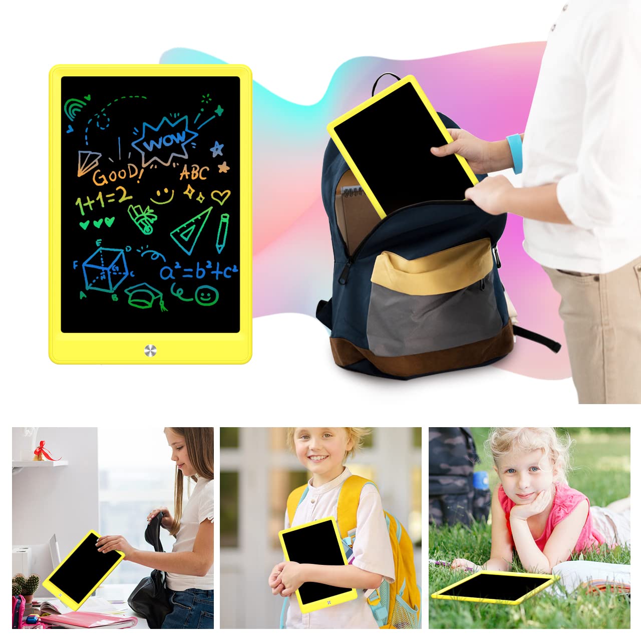 BUKEBU LCD Writing Tablet Doodle Board,10.5 inch Colorful Drawing Pad,Electronic Drawing Tablet, Drawing Pads,Travel Gifts for Kids Ages 3 4 5 6 7 8 Year Old Girls Boys (Yellow)