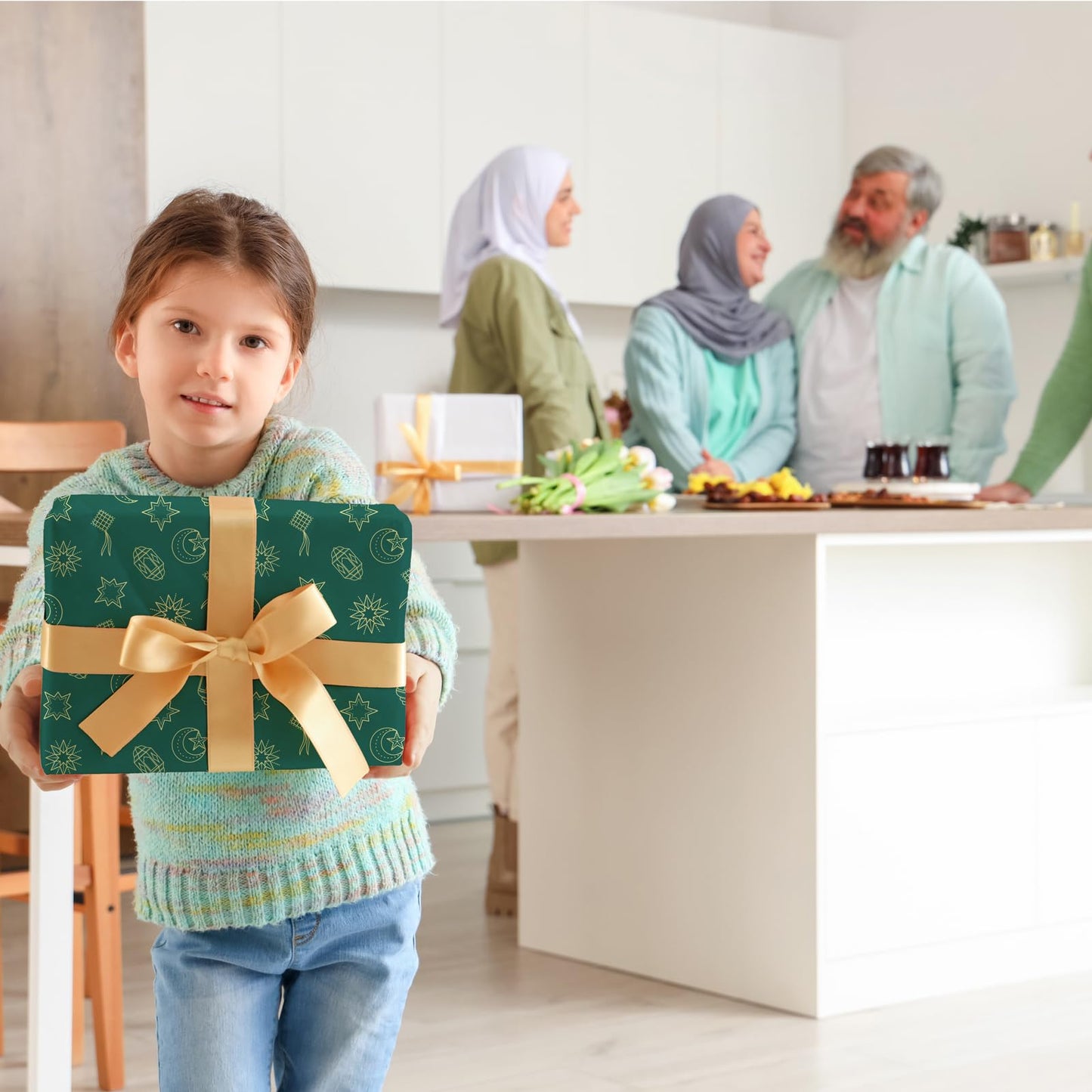 Eid Mubarak Wrapping Paper - Ramadan Kareem Gift Wrap with Mosque, Lantern & CamelDesigns - for Islamic Holidays & Party Decor - 20 x 29 Inches, 8 Folded Sheets, Easy to Store