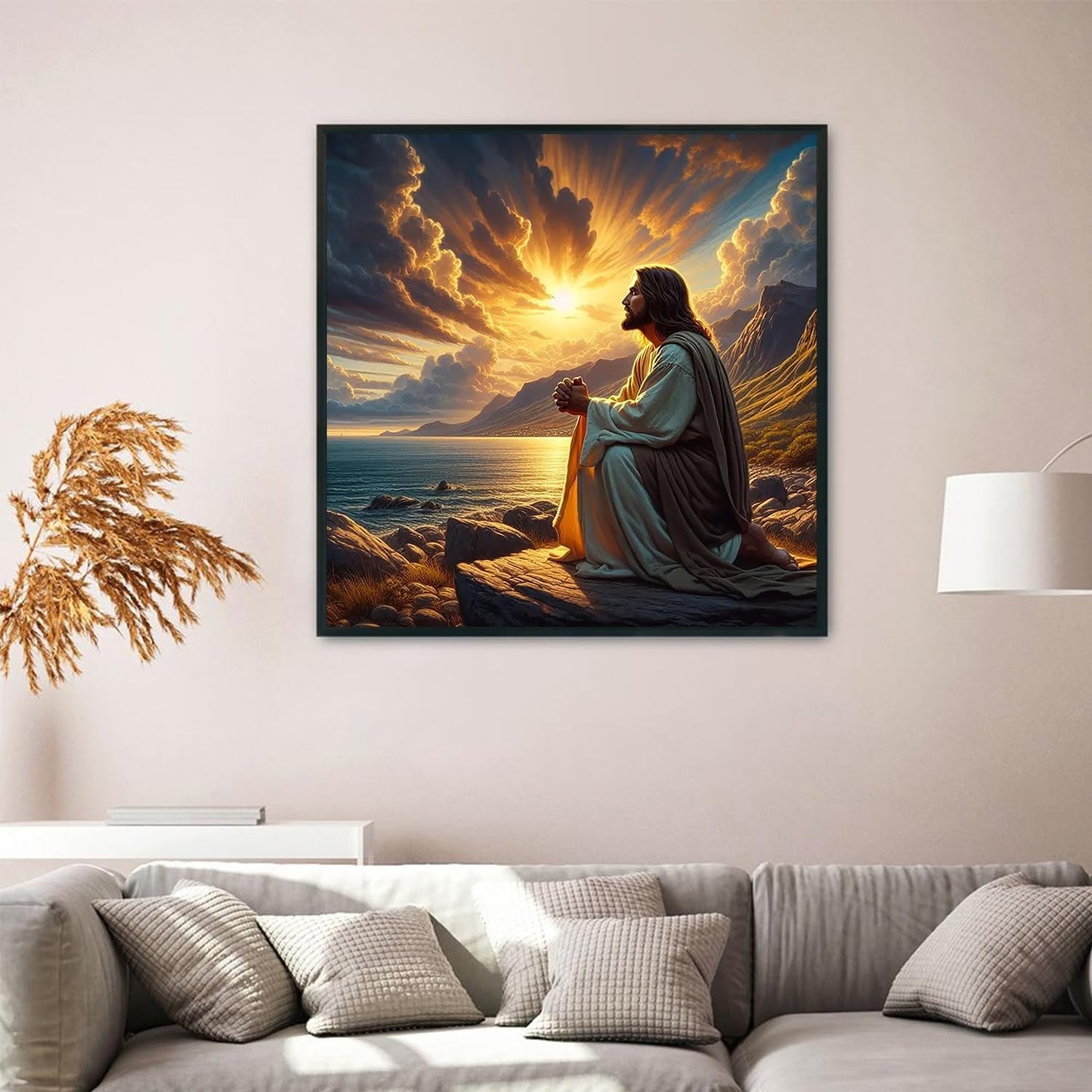 YQFCZDQ Jesus Christ Prayer Diamond Art Kits for Adults,Sunset Landscape 5D Diamond Painting Kits for Beginner,DIY Round Full Drill Diamond Dots Paintings Picture Gem Art&Crafts Home Decor 13.8x13.8in